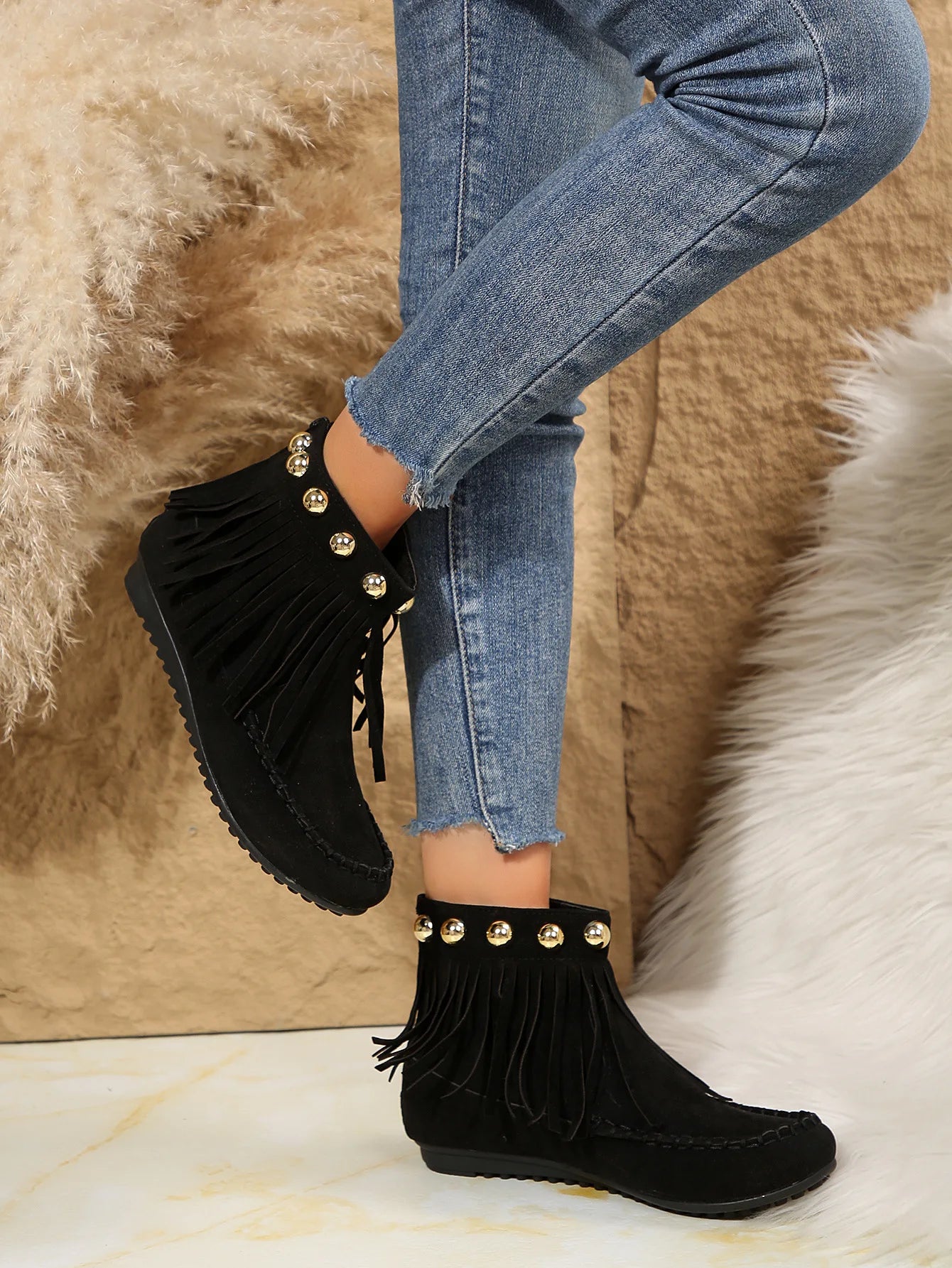 Women Boots Winter New Vintage Fringe Ankle Boots Women Side Zipper Casual Shoes Round Toe Ladies Snow Boots Zapatos De Mujer