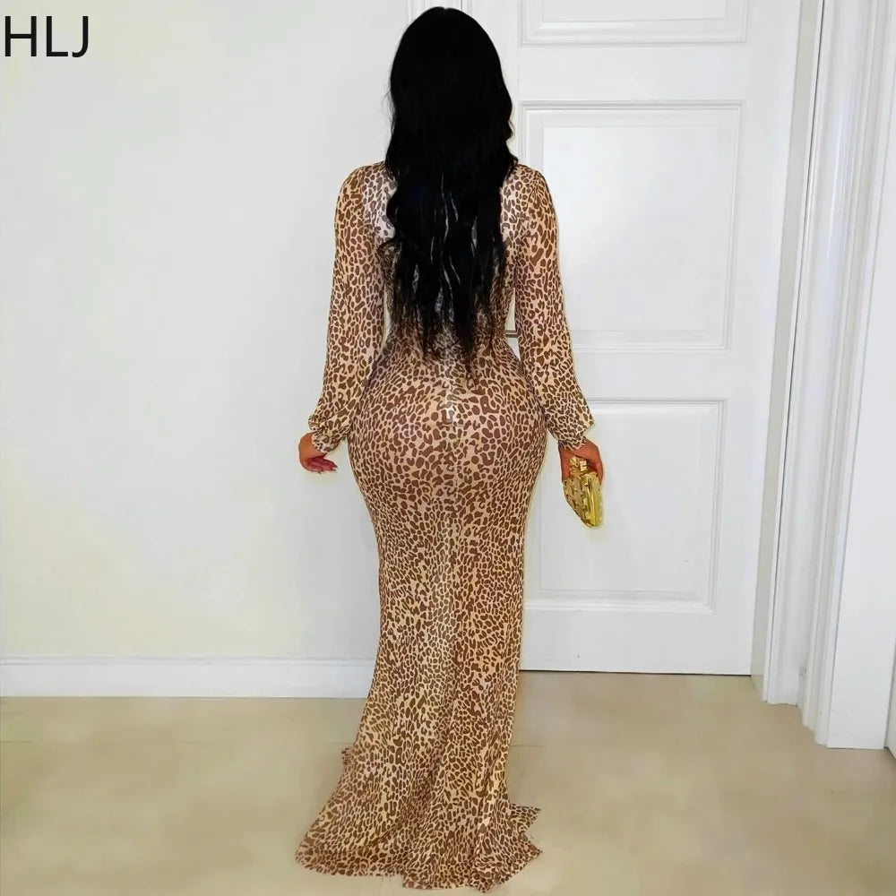 Leopard Print Deep V Neck High Slit Maxi Dress for Women