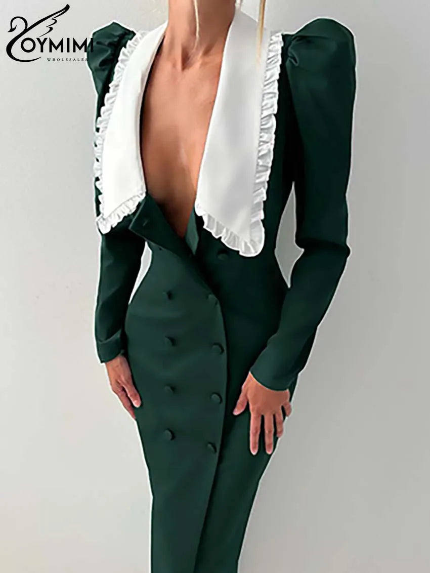 Oymimi Fashion Green Patchwork Womens Dresses Elegant Peter Pan Collar Long Sleeve Dresses Casual Slim Double Breasted Dress