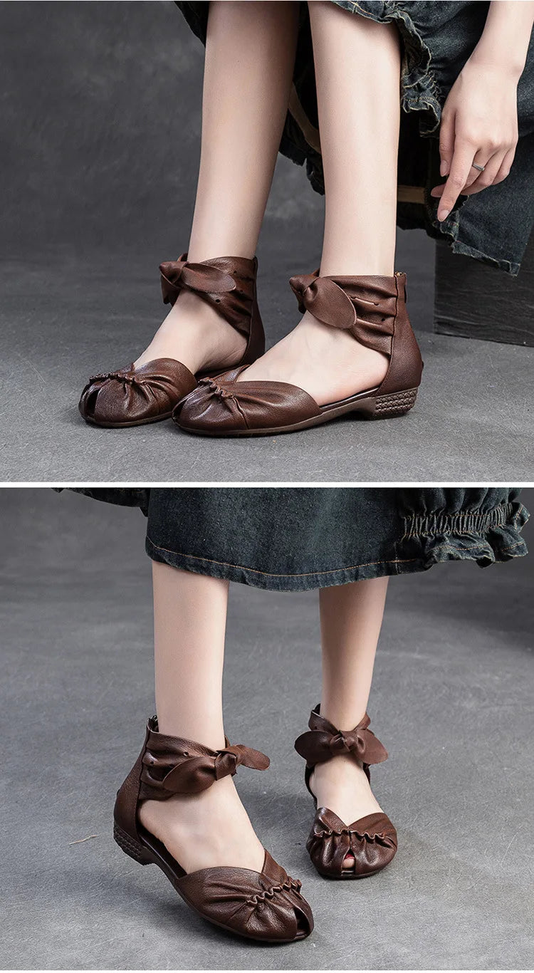 Genuine Leather Breathable Low Heel Peep Toe Sandals for Women