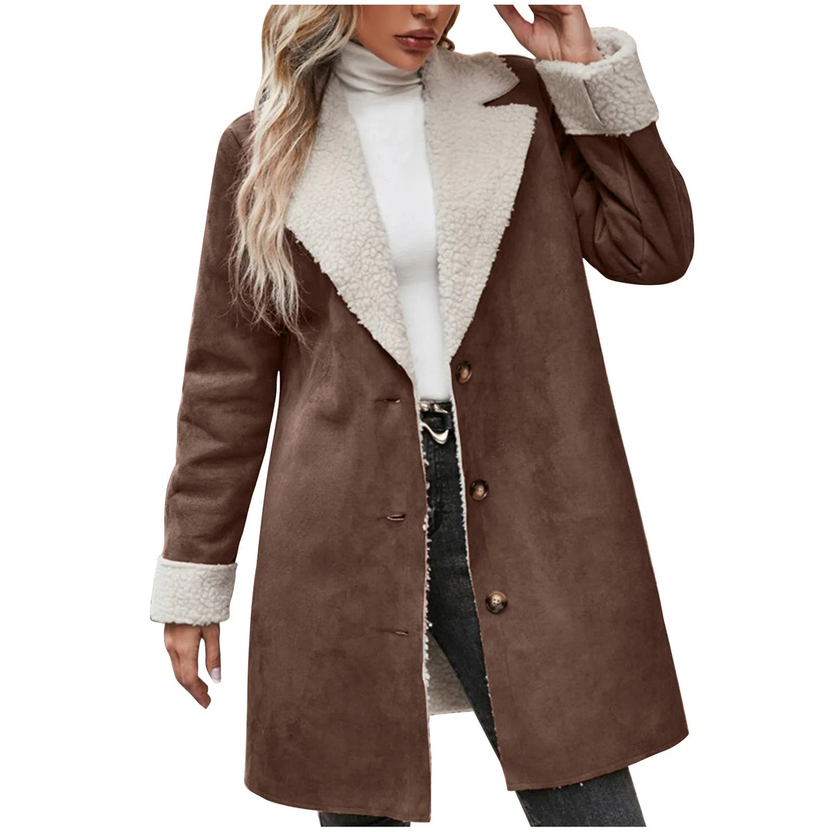 Warm Fleece Lined Suede Coat With Notch Lapel for Women