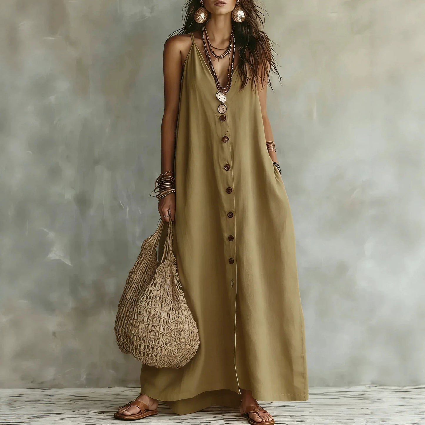 Spaghetti Strap V Neck Front Button Pocket Linen Maxi Dress for Women