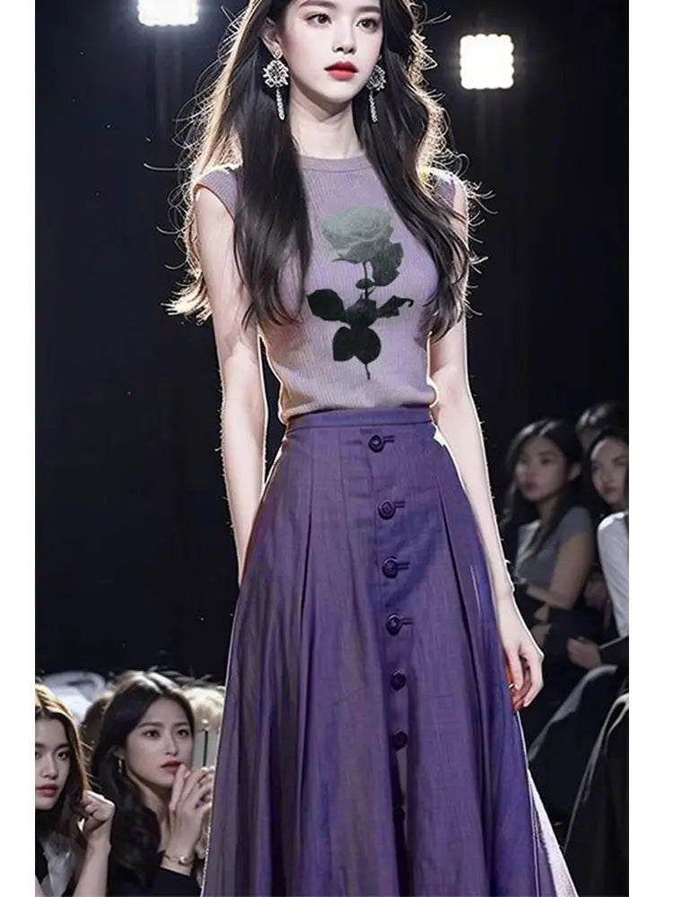 Floral Print Slim T Shirt and High Waist Pleated Skirt Two Piece Set for Women