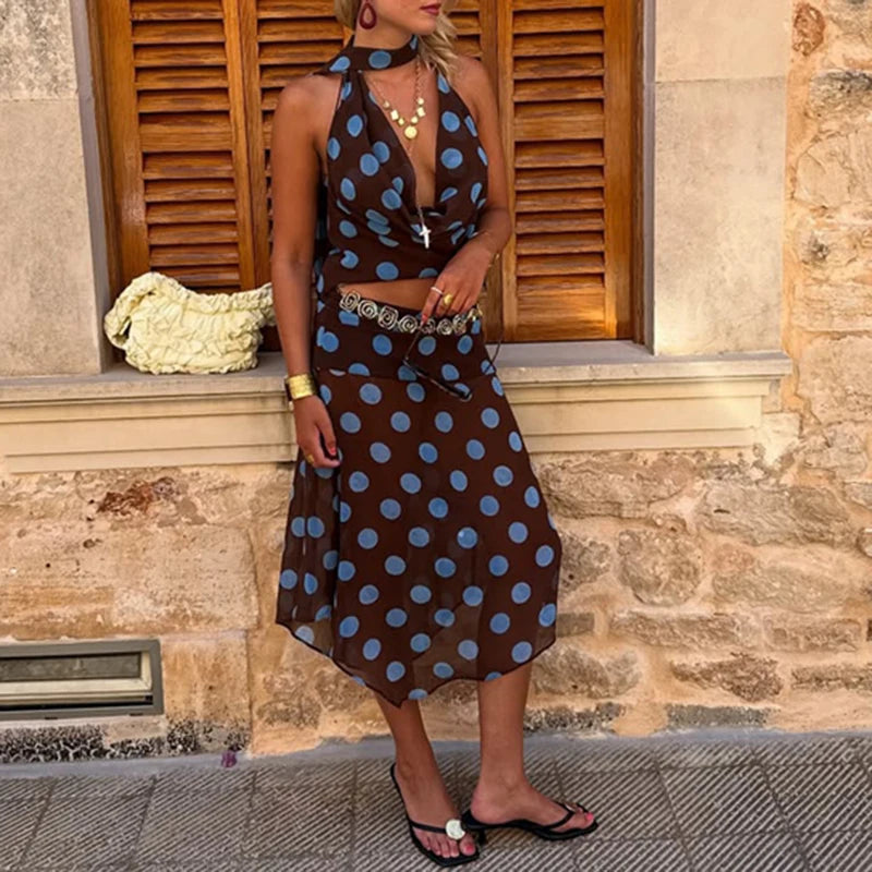 Polka Dot Halter Chic Crop Top And Skirt Set for Women