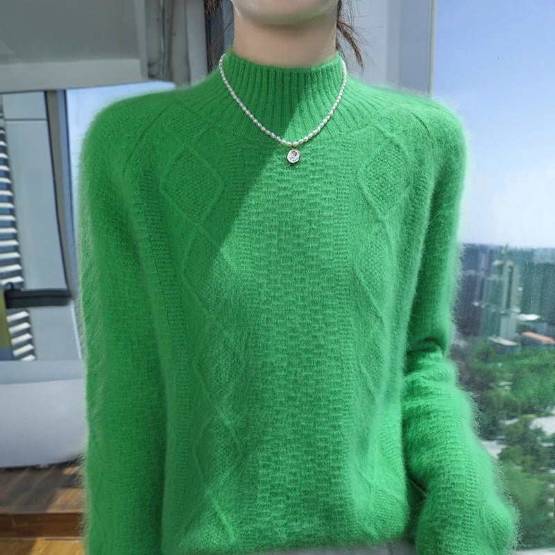 Floral Jacquard Long Sleeve High Neck Knit Sweater for Women
