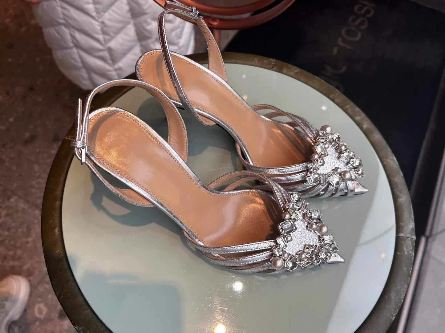 Crystal Heart Buckled Caged Leather Low Heel Pointed Toe Sandals For Women