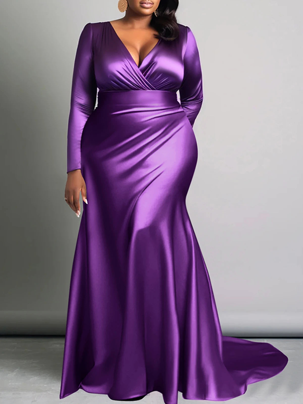 Plus Size Solid V-Neck Long Sleeve High Waist Fishtail Evening Gown For Women