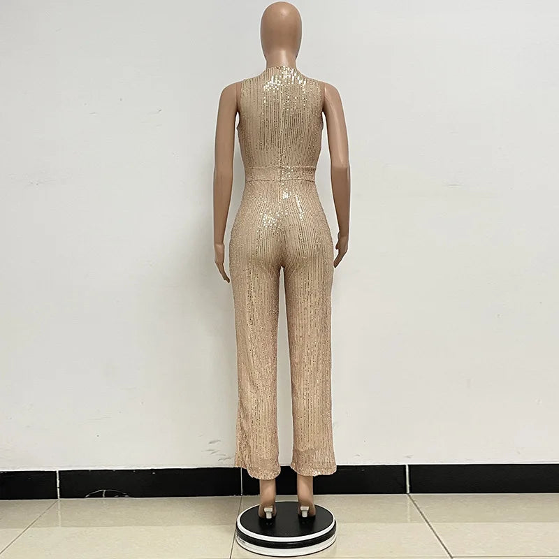 Elegant Silver Sequined Straight Cut Jumpsuit for Women