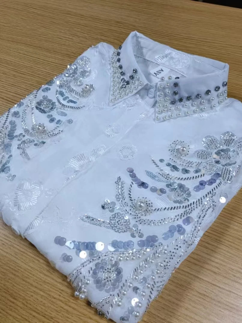 Elegant Embroidered Pearl Sequin Lantern Sleeve Blouse for Women