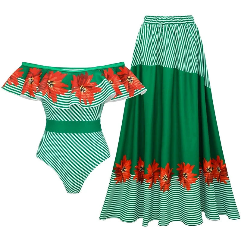 Striped Off Shoulder Bikini Set with High Waist Skirt for Women