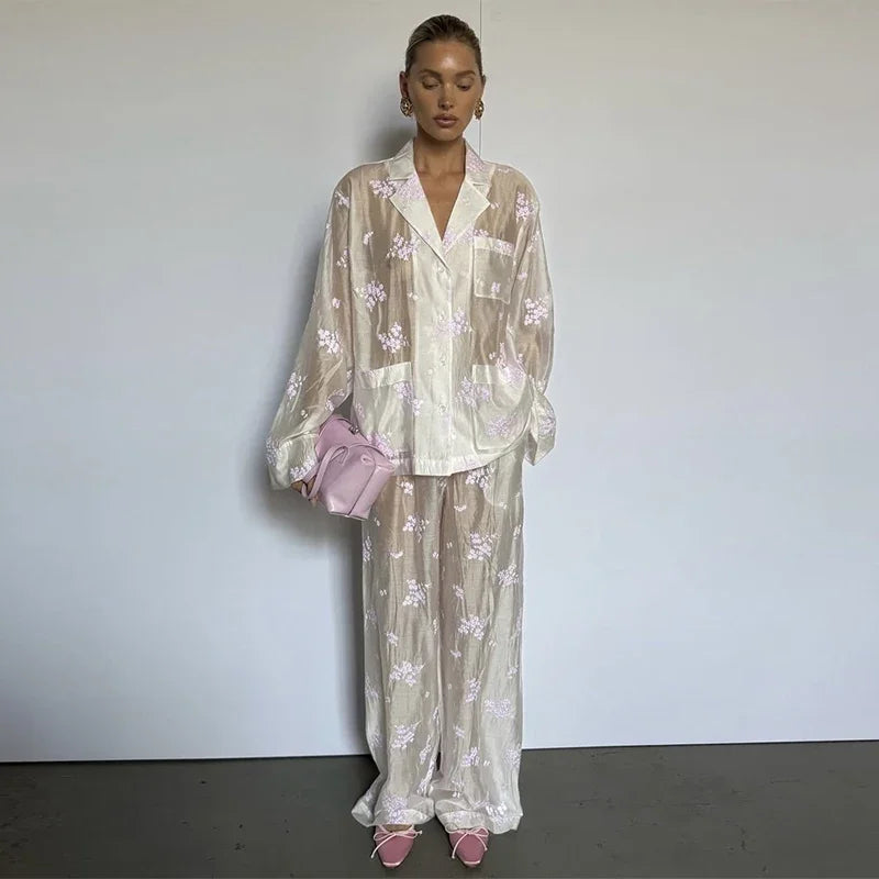 Sheer Casual Shirt and Wide Leg Pants Set for Women