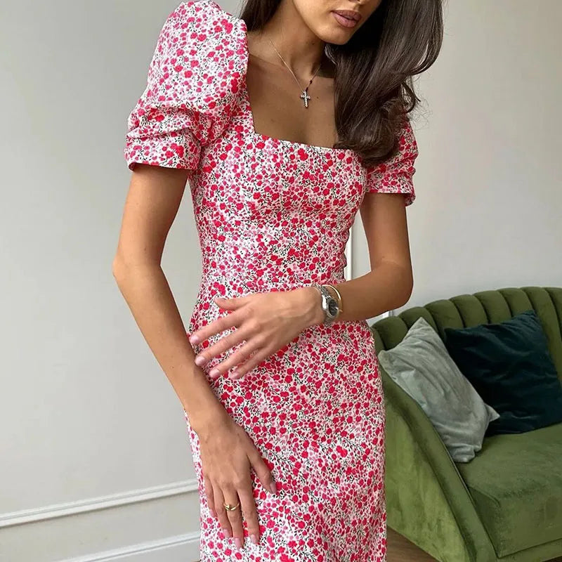 Elegant Fresh Slim Holiday Party Dress Casual Square Neck Puff Sleeve Long Dress Women Fashion Floral Print Waist Mermaid Dress