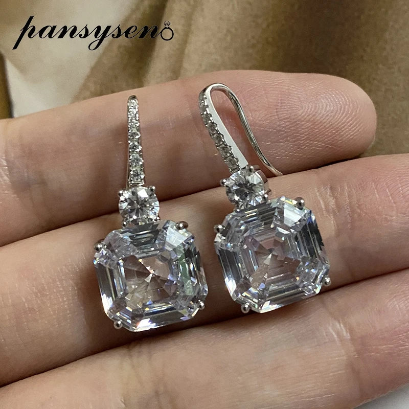 PANSYSEN 925 Sterling Silver Asscher Cut Simulated Moissanite Citrine Gemstone Drop Earrings for Women Wedding Fine Jewelry Gift