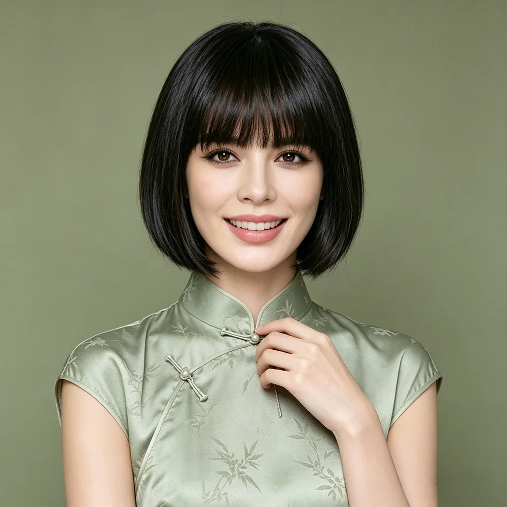 Straight Human Hair Bob Wig With Full Bangs For Women