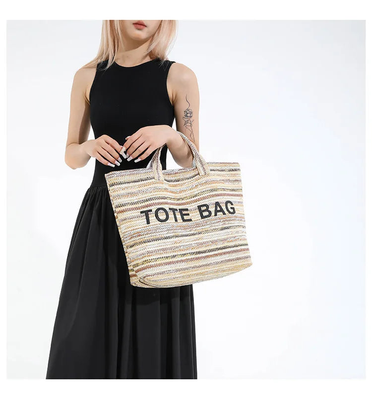 Large capacity beach woven bag, colorful striped tote bag, letter contrasting handbag for women