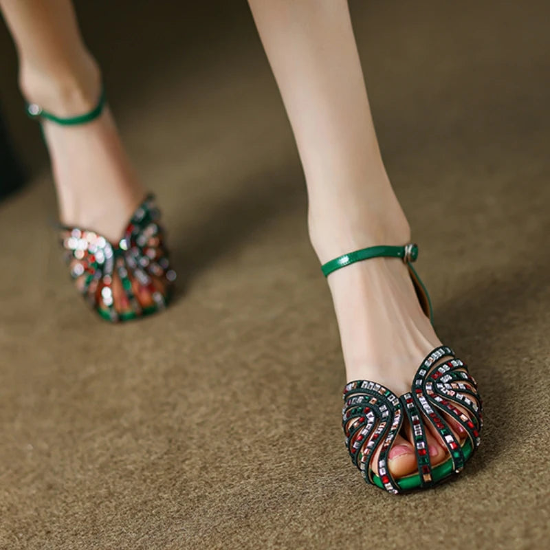 Apricot Leather Square Heel Sandals