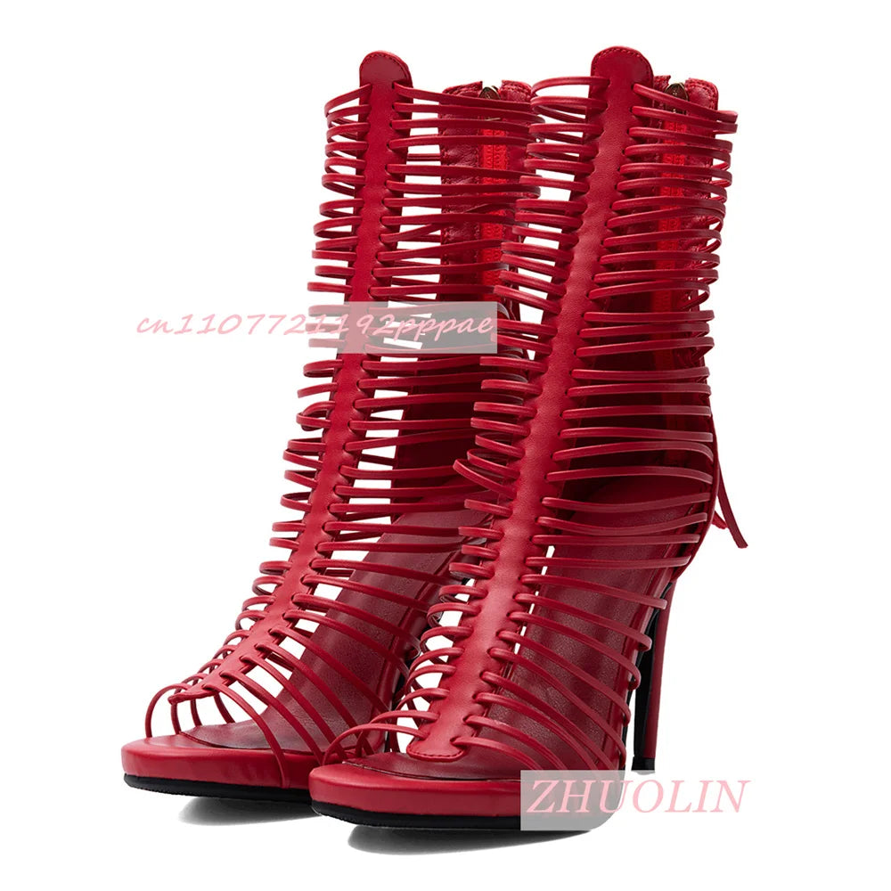 Red Fringe Gladiator Knee High Sandals Open Toe Platform for Women