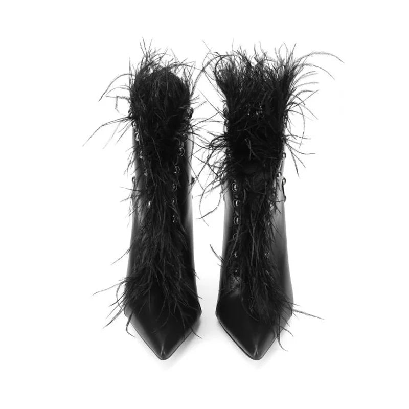 Feather Rivet Embellished Pointed Toe Ankle Boots for Women