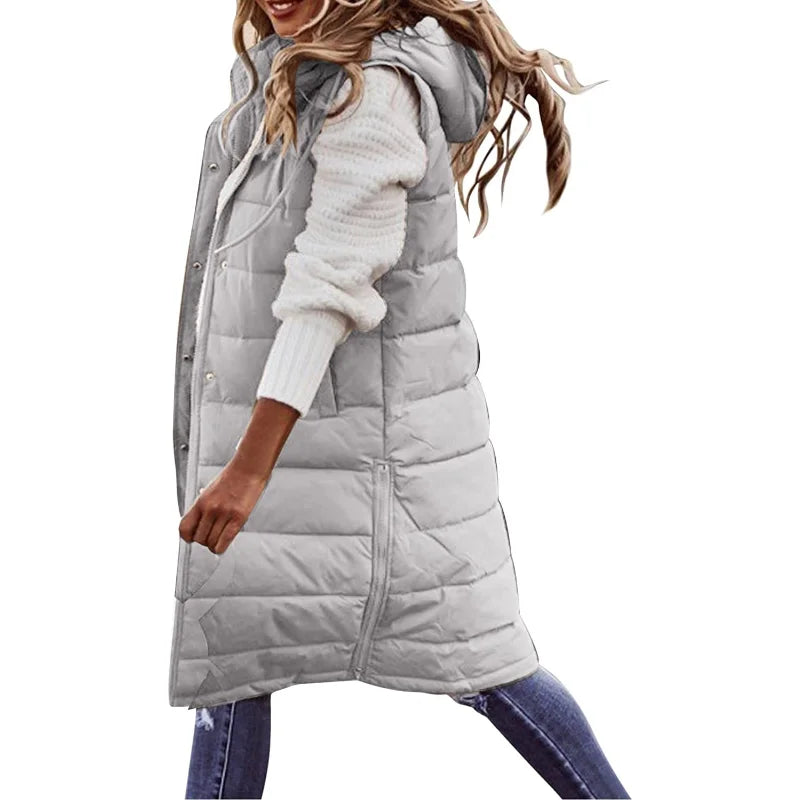 Warm Hooded Longline Sleeveless Vest Coat for Women