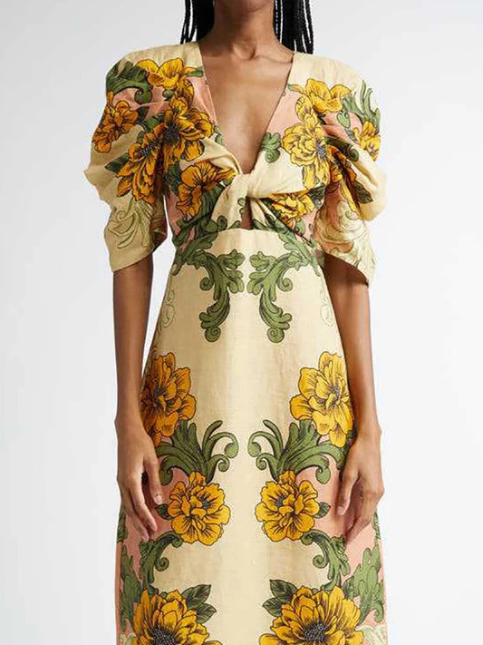 Casual Women's Beach Long Dresses Sexy Deep V Neck Puff Sleeve Party Dress New Summer Retro Printed High Waisted Dress Vestidos