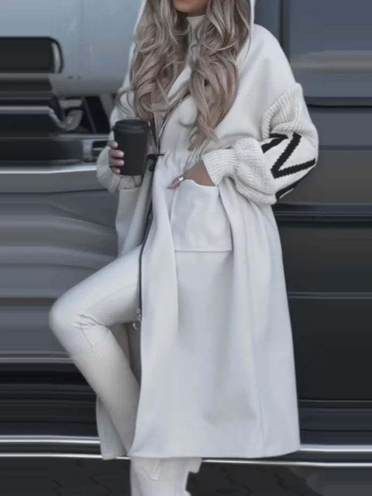 New Hooded Long Sleeve Cardigan Coat, Women Autumn Winter Simple Patchwork Zipper Jackets, Casual Lace-Up Fashion Maxi Outerwear