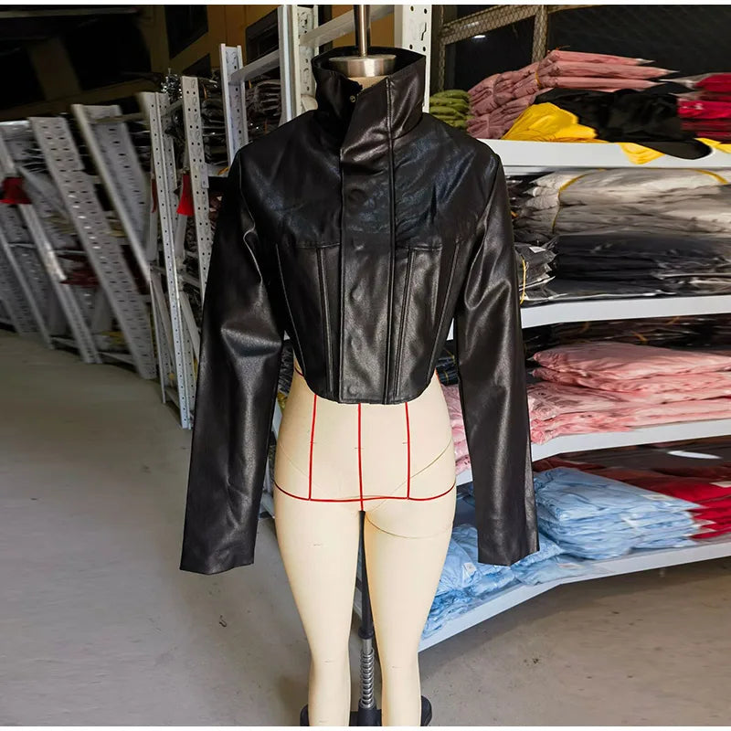 Tailored Crop Front Faux Leather Biker Jacket for Women