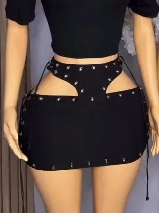 Weird Puss Sexy Hollow Skirts Women Y2K Chic High-Waist Summer Hipsters Street Midnight Clubwear Wild Metal Rings Mini Bottom