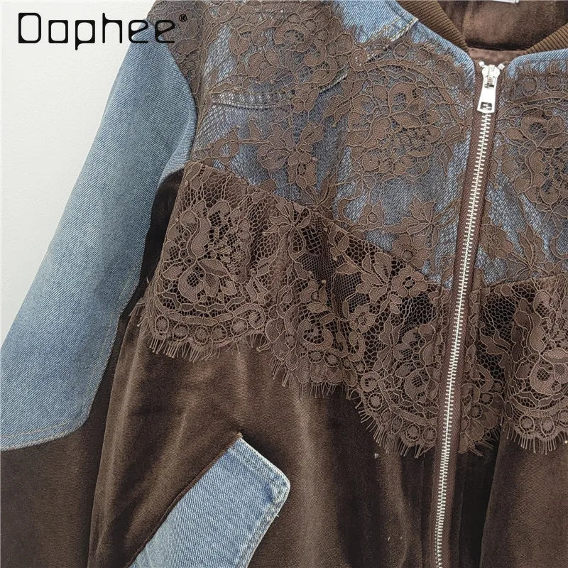 Casual Relaxed Fit Velvet Baseball Jacket for Women