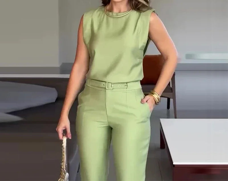 Fashion Women's Two Piece Set New Solid Round Neck Sleeveless Top and High Waist Pants Suit for Female Streetwear 2024 Summer