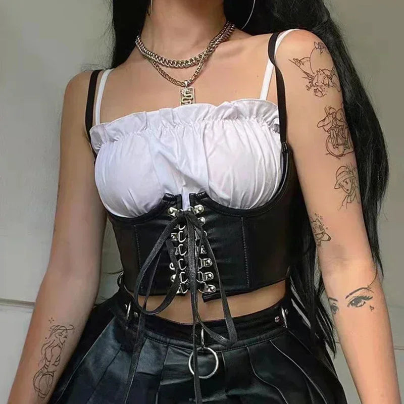 Gothic Lace Up Corset Crop Top With Waist Support For Women