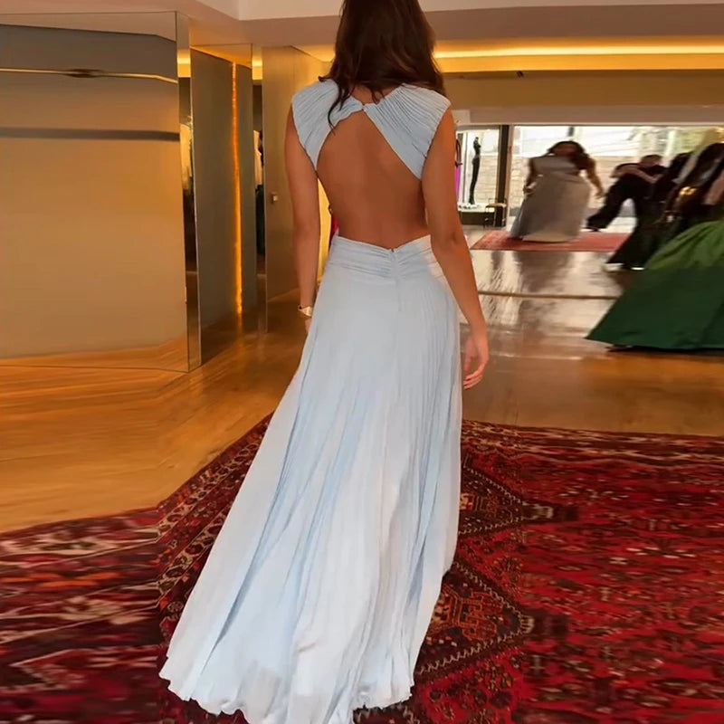 Elegant Backless Cross Pleated Maxi Dress for Women