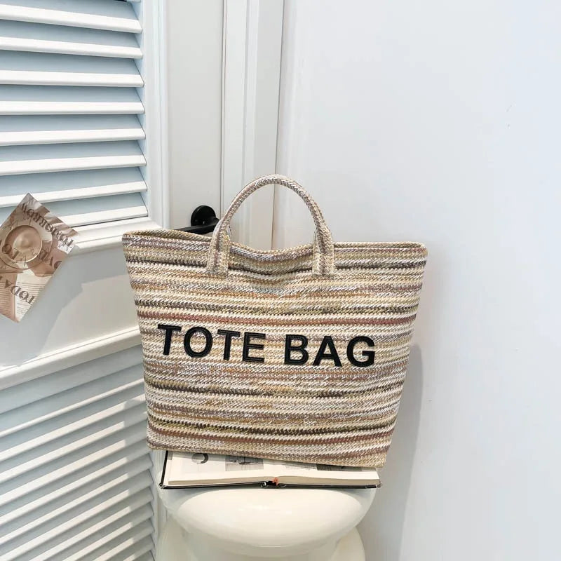 New straw woven bag, large capacity tote bag, crossbody striped letter contrasting beach bag