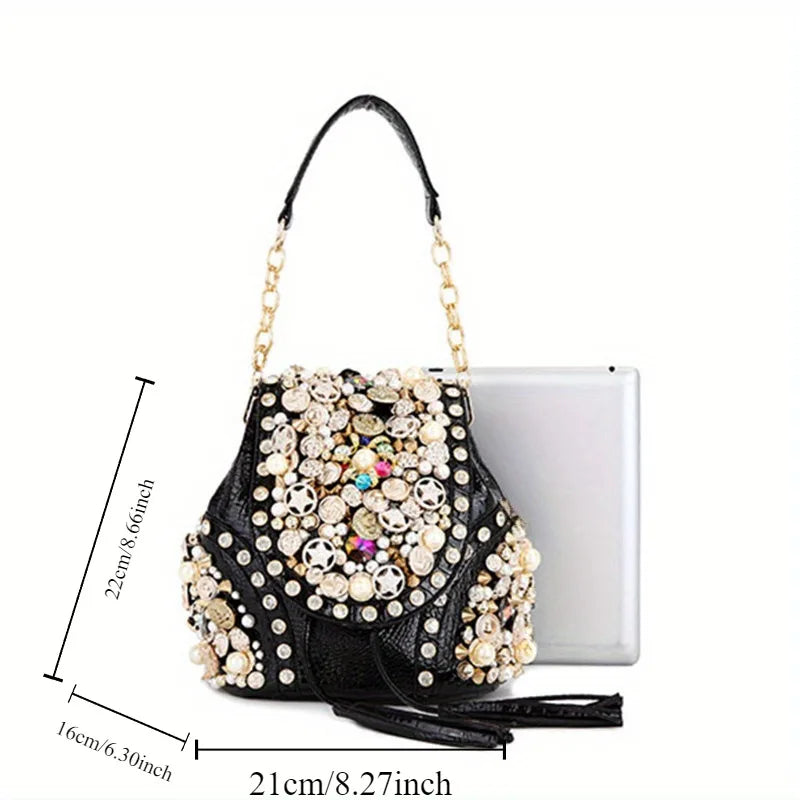 Women's New Backpack Elegant Diamond-encrusted Backpacks Multi-functional Beaded Trendy Crossbody Bucket Bag Large Capacity