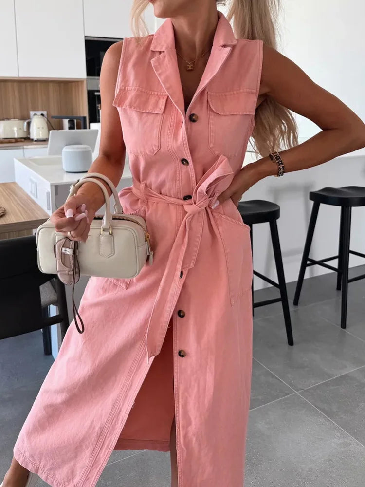 Single-Breasted Lace-Up Cardigan Dress, Women Summer Denim Style Sleeveless Maxi Dress, 2025 Solid Turn-Down Collar Ladies Dress