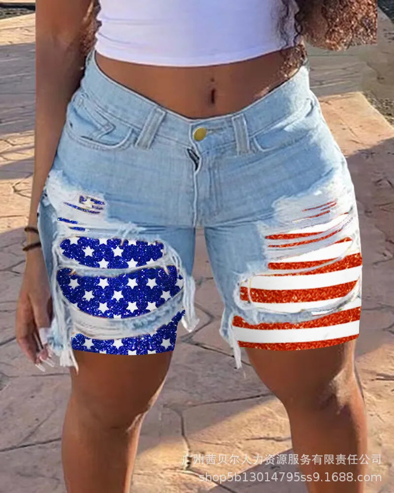 Casual Slim Knee Length Patchwork Denim Shorts for Women