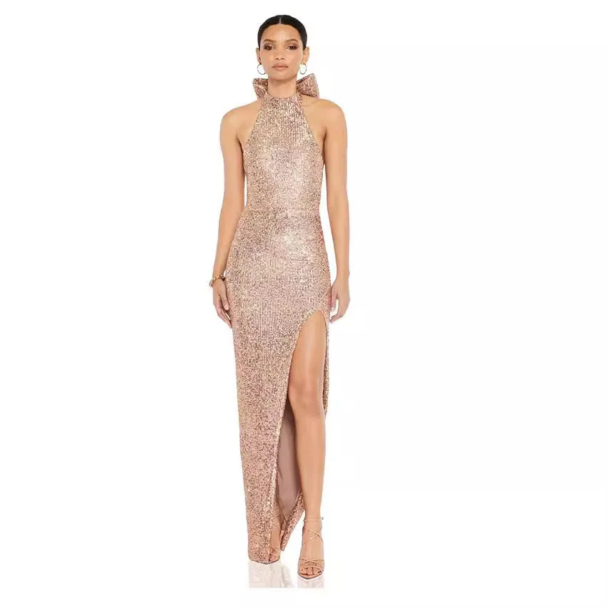 Glitter Sequin Bow Halter Elegant Maxi Dress for Women