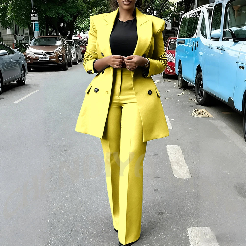 High Quality Women Suits Double Breasted Straight Formal 2 Piece Jacket Pants Peak Lapel High Street Daily Office Casual Suit