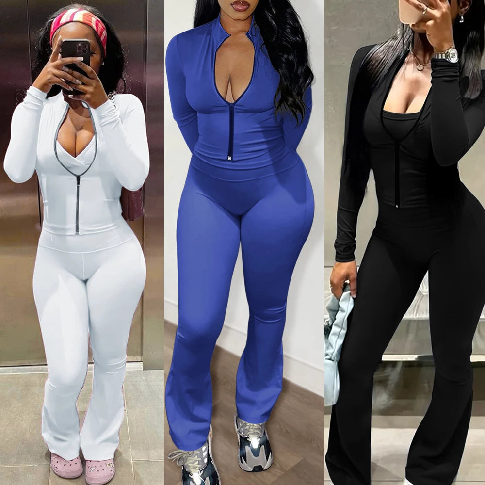 Zip Up Crop Top and High Waist Pants Tracksuit Set for Women