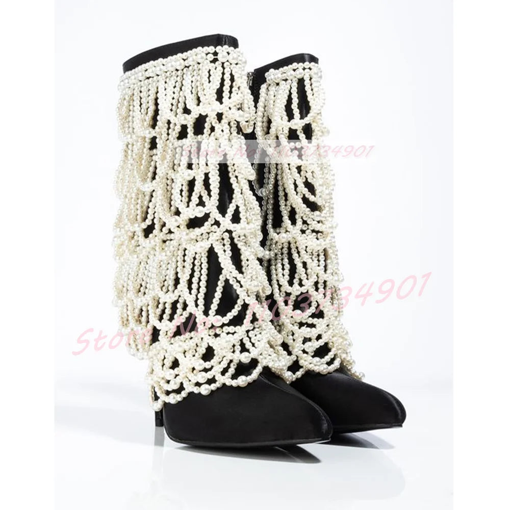 Mid Calf Pointed Toe Zip Satin Pearl Chain Black Boots for Women