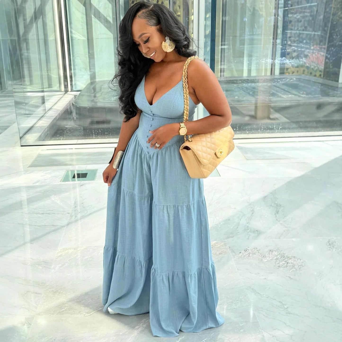 Spaghetti Strap Wide-Leg Jumpsuit with Button Details for Women