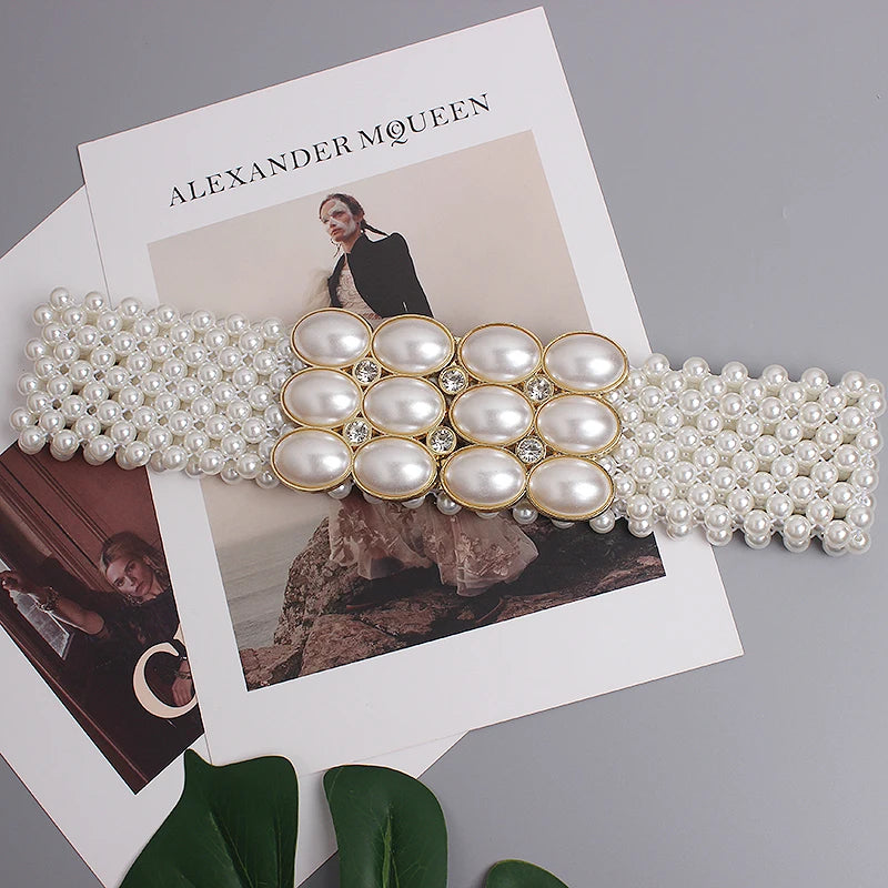 Pearl Embellished Elastic Waist Chain Belt for Women