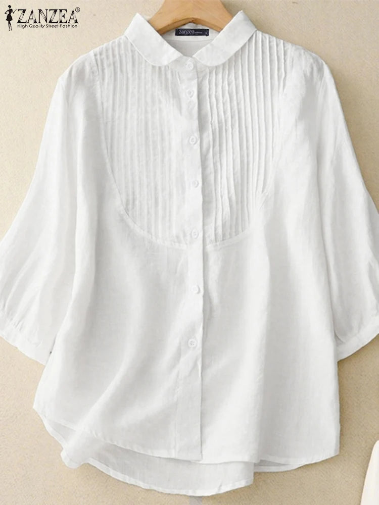 ZANZEA Women Vintage Pintuck Shirts Casual Turn-Down Collar Half Puff Sleeve Button Up Chemises Femme Street Fashion Solid Tops