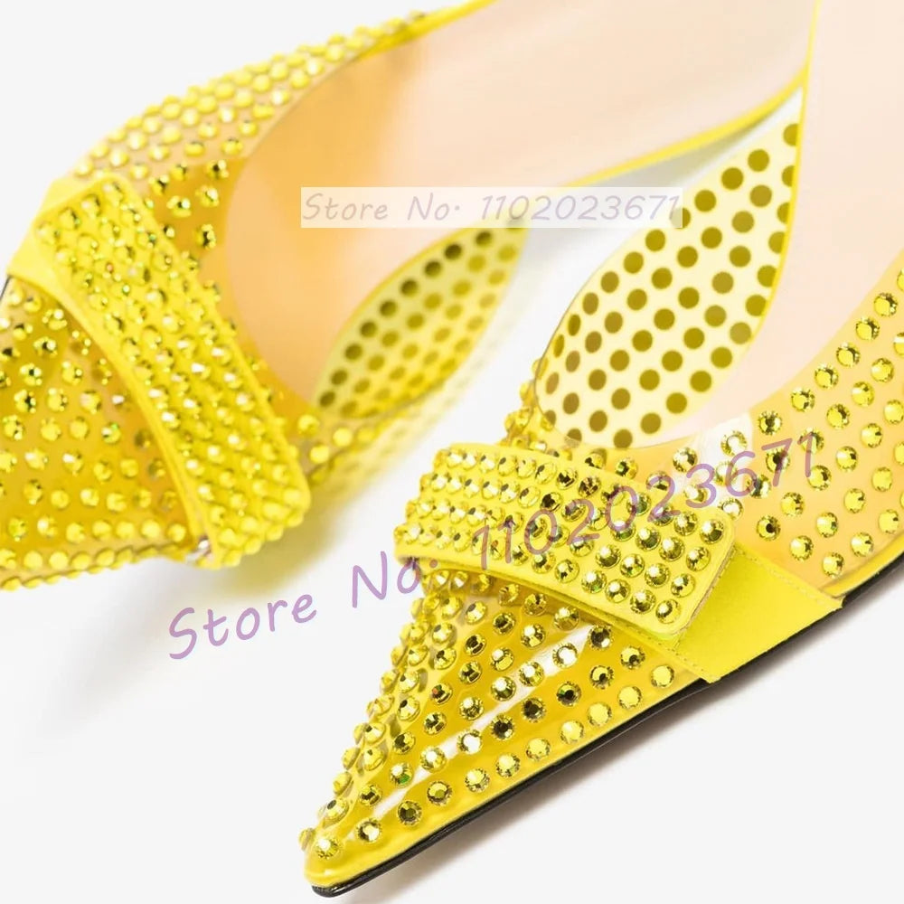 Full Rhinestones Satin Point Toe Slippers Women Sweet Solid Heels Knotted Slippers Elegant Shiny Crystal Custom Color Shoes