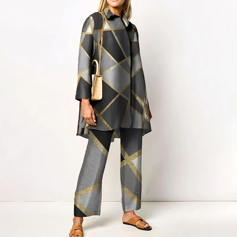 2022 Sets Womens Outfits Elegant Loungewear Print Spring Autumn 2PCS Ladies Suit Long Sleeve Wide Leg Pants Loose Fit Streetwear