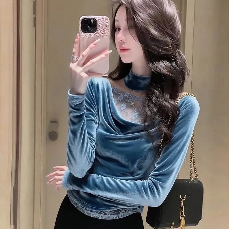 Elegant Blue Velvet Lace Trim Slim Fit Blouse For Women