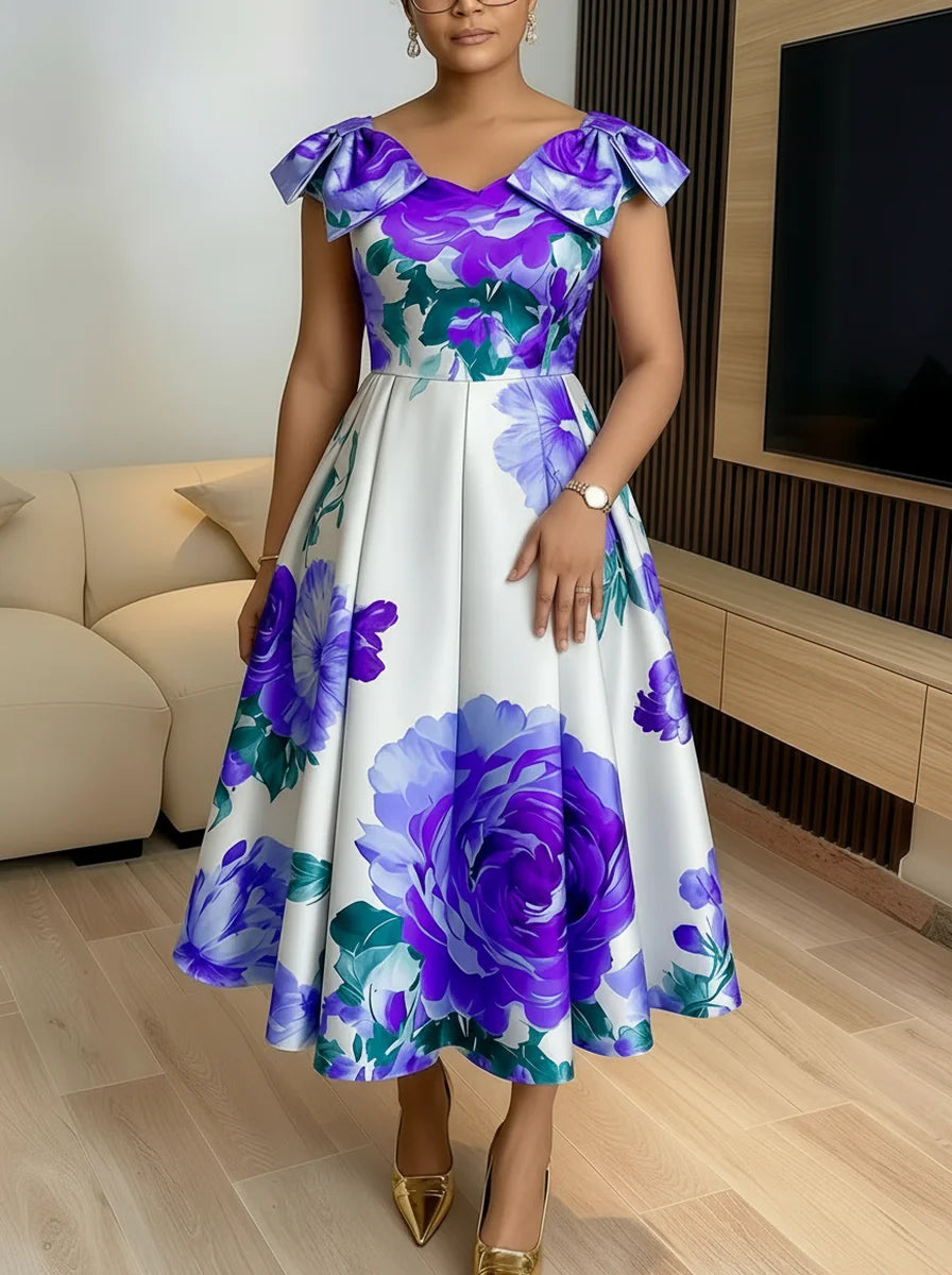 Women Cap Sleeve Floral Print Midi Dress Elegant Pleated Swing Dress For Evening Party Formal Occasion Slim Fit