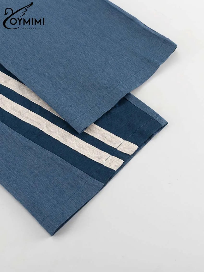 Oymimi Casual Blue Patchwork Sets For Women 2 Pieces O-Neck Long Sleeve Blouse And Drawstring Straight Sweatpants Set Streetwear