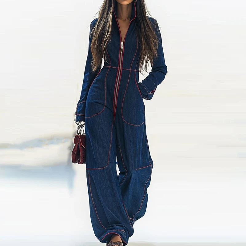 Spring Autumn Zipper Patchwork Chic Jumpsuits, Women Casual Long Sleeve Fashion Playsuits, 2025 Wide Leg Pants Ladies Bodysuits