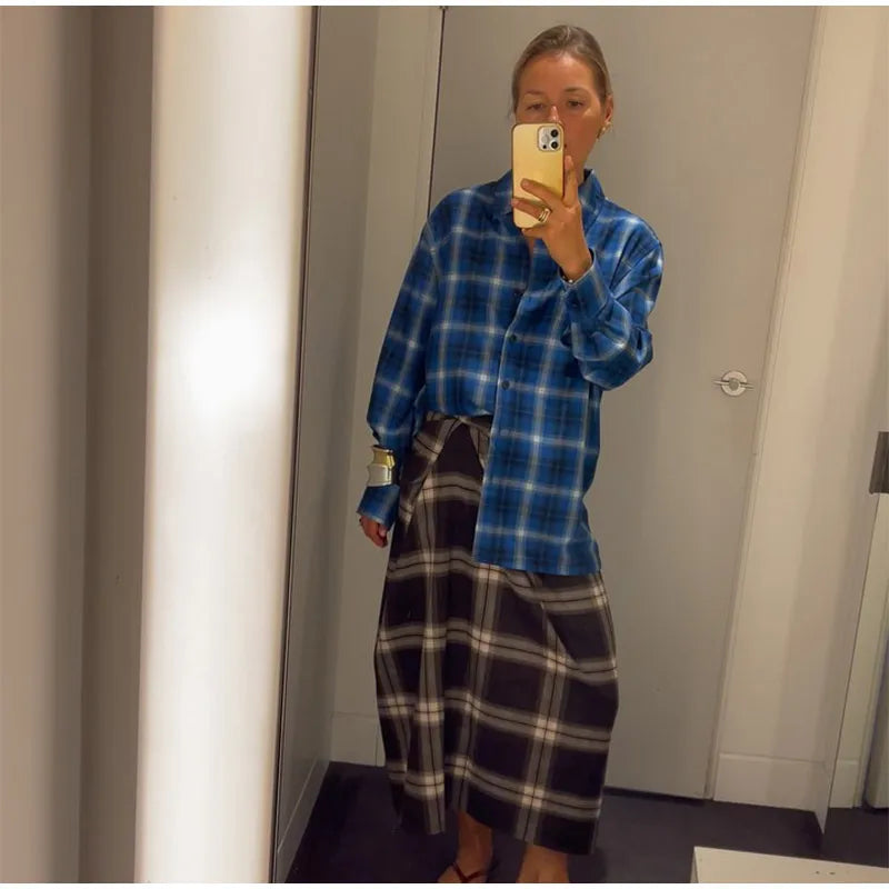 Women Checked Midi Skirt Fashion Casual Pleated Irregular High Waist Slim Mid-length Bottom Lady Daily New Commute Street Skirts