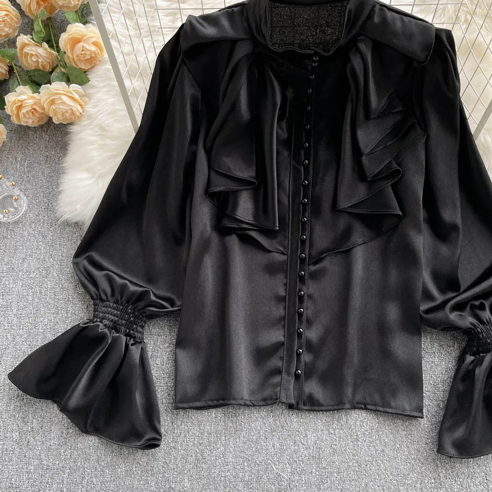 Elegant Satin Ruffle Long Sleeve Blouse for Women